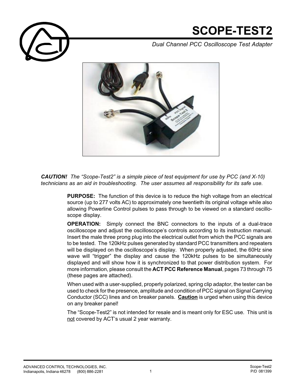 Advanced Control Technologies SCOPE-TEST2 (PCC OSCILLOSCOPE ADAPTOR TOOLDUAL LEAD) User Manual | 4 pages