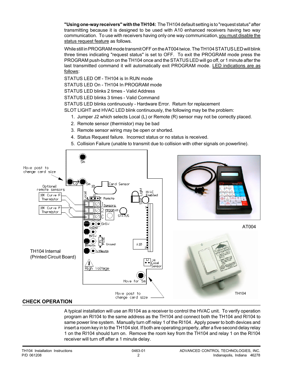 Advanced Control Technologies TH104 (120VAC A10 HOTELROOM CONTROLLER) User Manual | Page 2 / 3