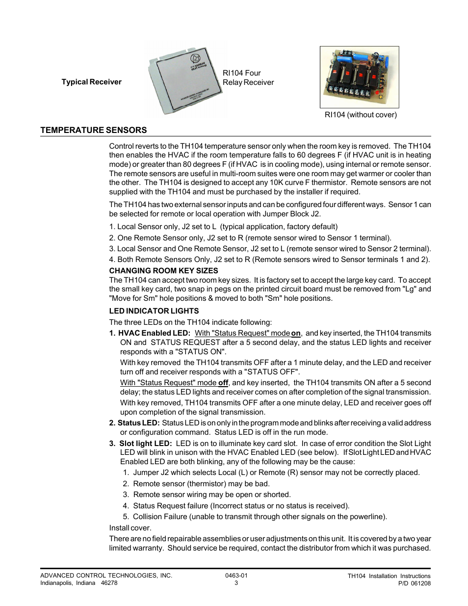 Advanced Control Technologies TH104 (120VAC A10 HOTELROOM CONTROLLER) User Manual | Page 3 / 3