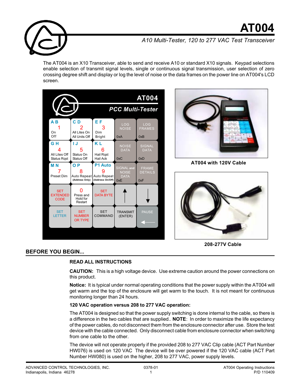 Advanced Control Technologies AT004 (PCC TEST TRANSCEIVERPROGRAMMER) User Manual | 9 pages