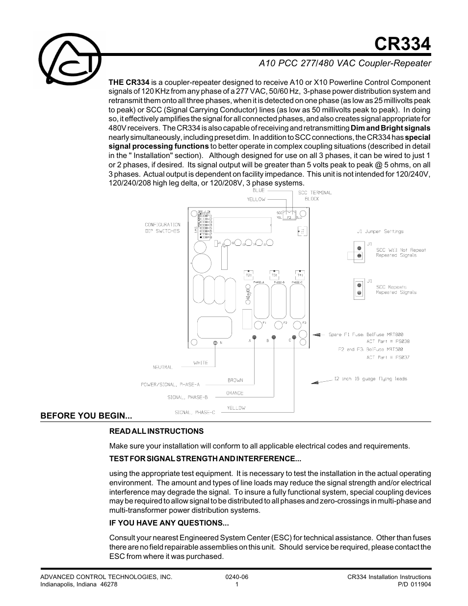 Advanced Control Technologies CR334 (277VAC, 3 PHASE, A10 MULTI-FUNCTION COUPLER REPEATER) User Manual | 4 pages
