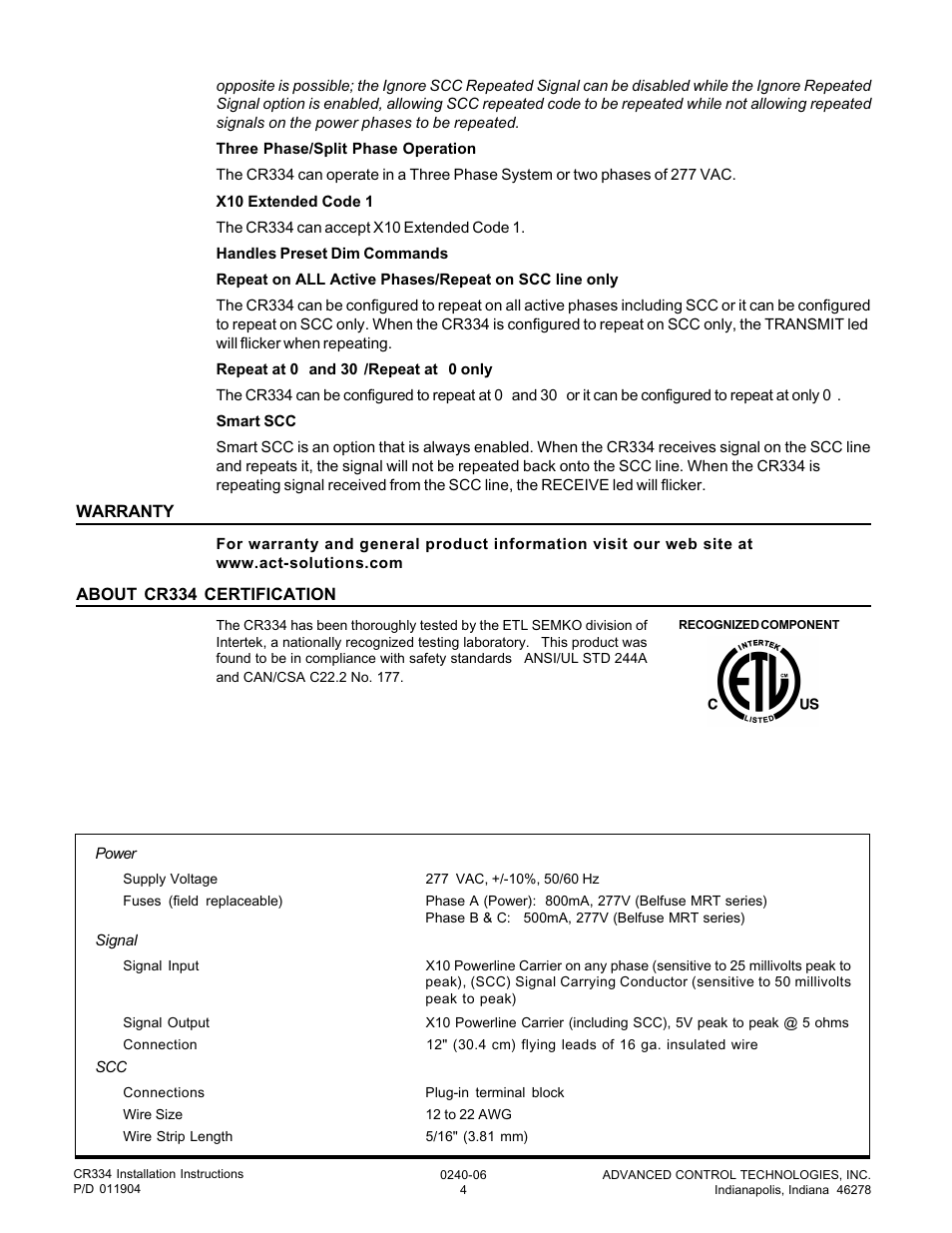 Advanced Control Technologies CR334 (277VAC, 3 PHASE, A10 MULTI-FUNCTION COUPLER REPEATER) User Manual | Page 4 / 4