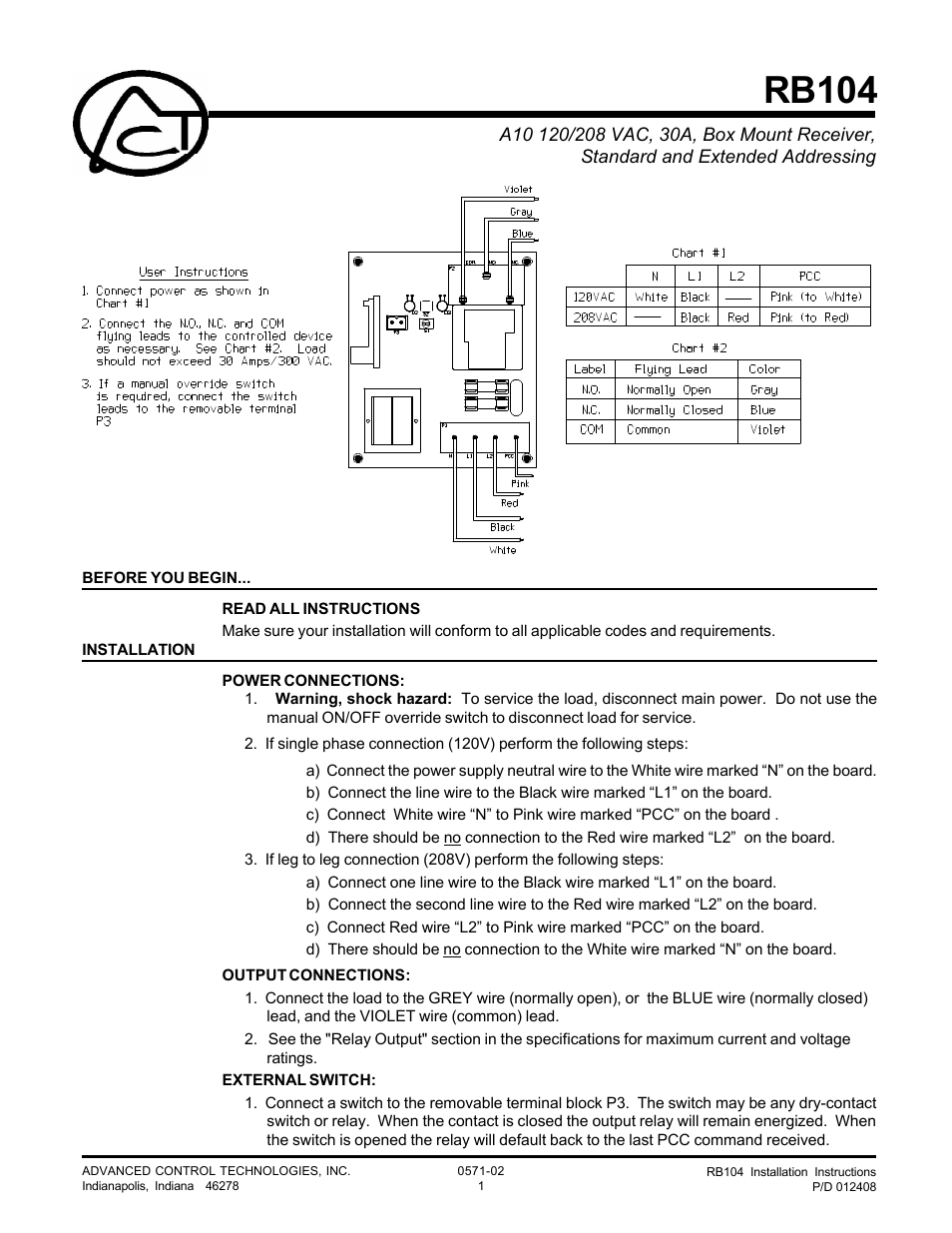 Advanced Control Technologies RB104 (120/208VAC, 30A, SPDTA10 RELAY RECEIVER) User Manual | 3 pages