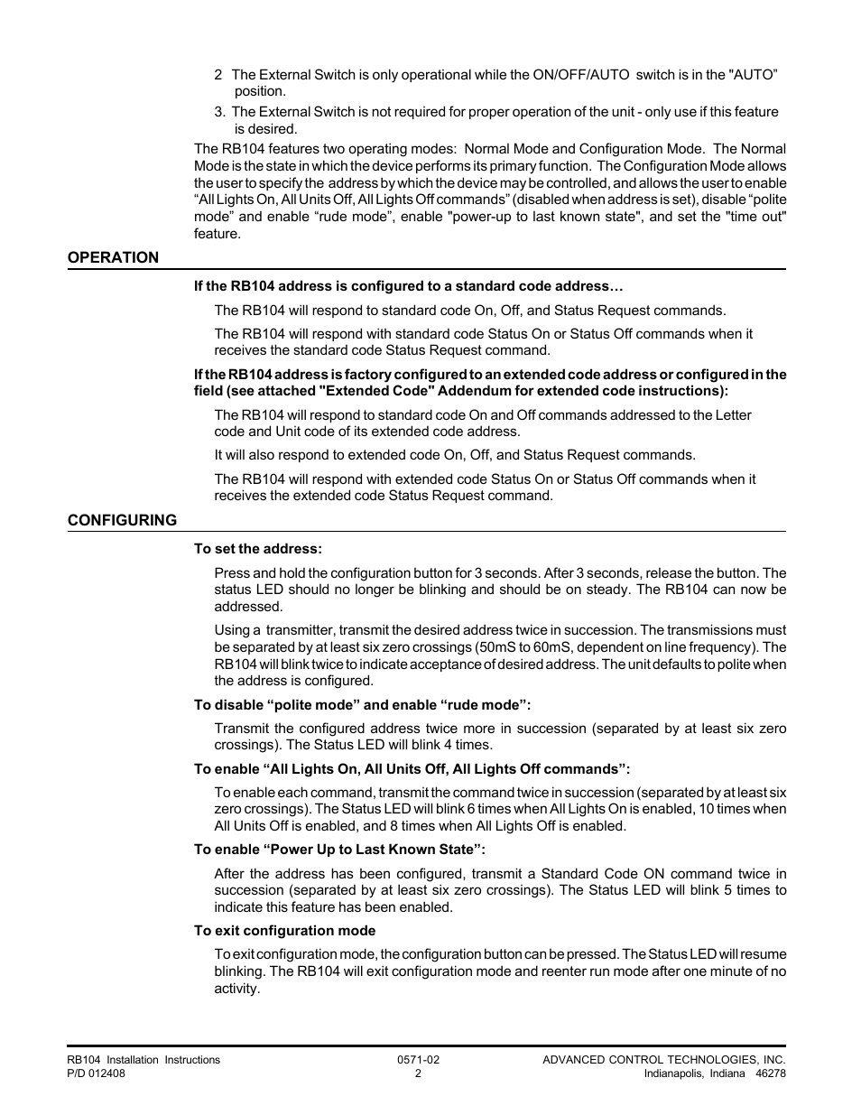 Advanced Control Technologies RB104 (120/208VAC, 30A, SPDTA10 RELAY RECEIVER) User Manual | Page 2 / 3