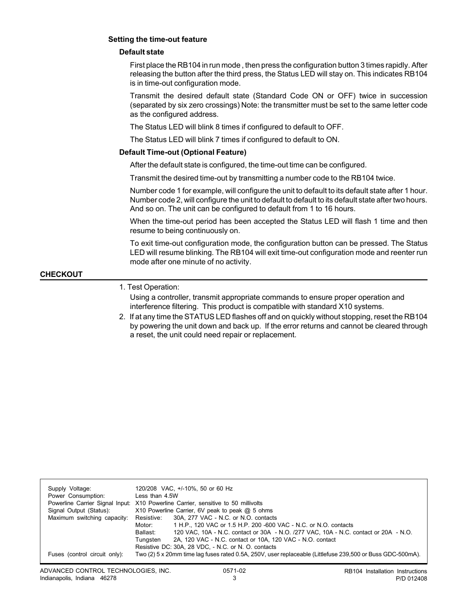 Advanced Control Technologies RB104 (120/208VAC, 30A, SPDTA10 RELAY RECEIVER) User Manual | Page 3 / 3