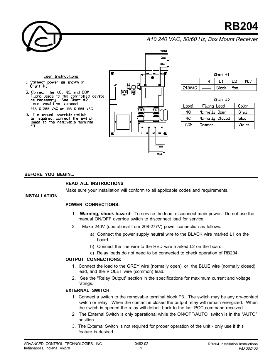 Advanced Control Technologies RB204 (A10 240VAC, 30A, SPDTRELAY RECEIVER) User Manual | 3 pages