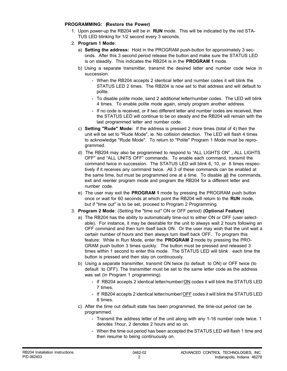 Advanced Control Technologies RB204 (A10 240VAC, 30A, SPDTRELAY RECEIVER) User Manual | Page 2 / 3