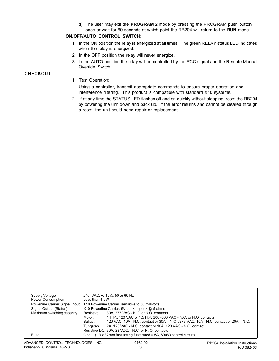 Advanced Control Technologies RB204 (A10 240VAC, 30A, SPDTRELAY RECEIVER) User Manual | Page 3 / 3