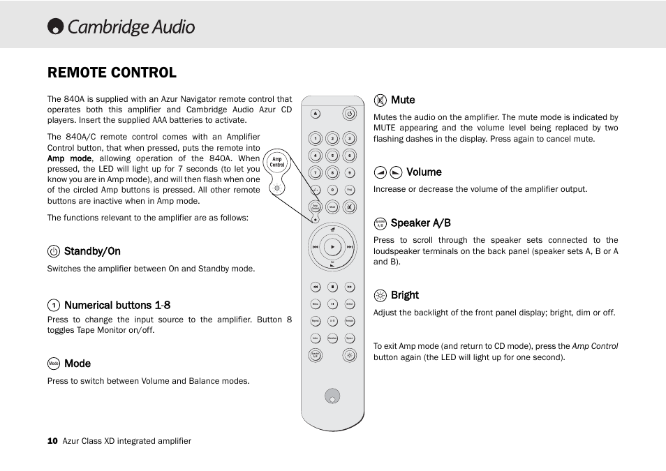 Remote control, Standby/on, Numerical buttons 1-8 8 | Mode, Mute, Volume, Speaker a/b, Bright | Cambridge Audio 840A User Manual | Page 10 / 26