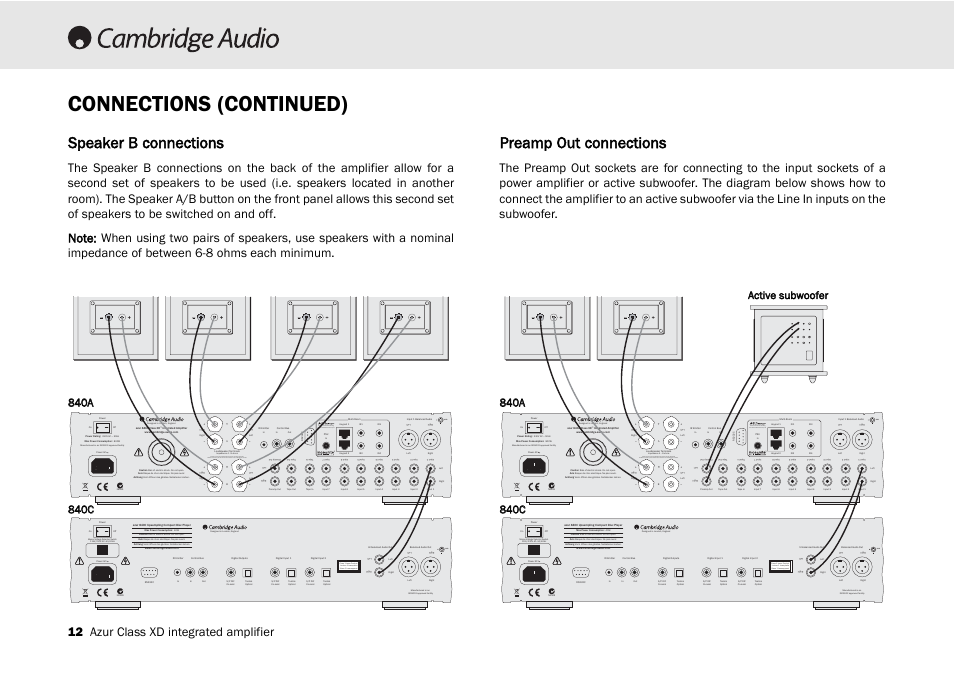Connections (continued), Speaker b connections, Preamp out connections | 12 azur class xd integrated amplifier | Cambridge Audio 840A User Manual | Page 12 / 26