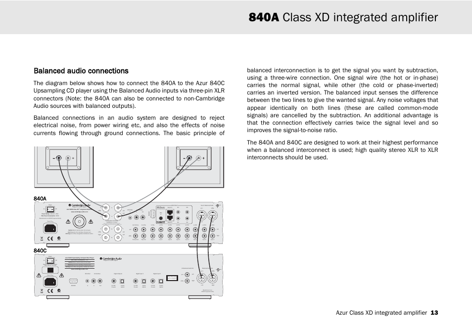 840a class xd integrated amplifier, Balanced audio connections, Azur class xd integrated amplifier 13 | Cambridge Audio 840A User Manual | Page 13 / 26
