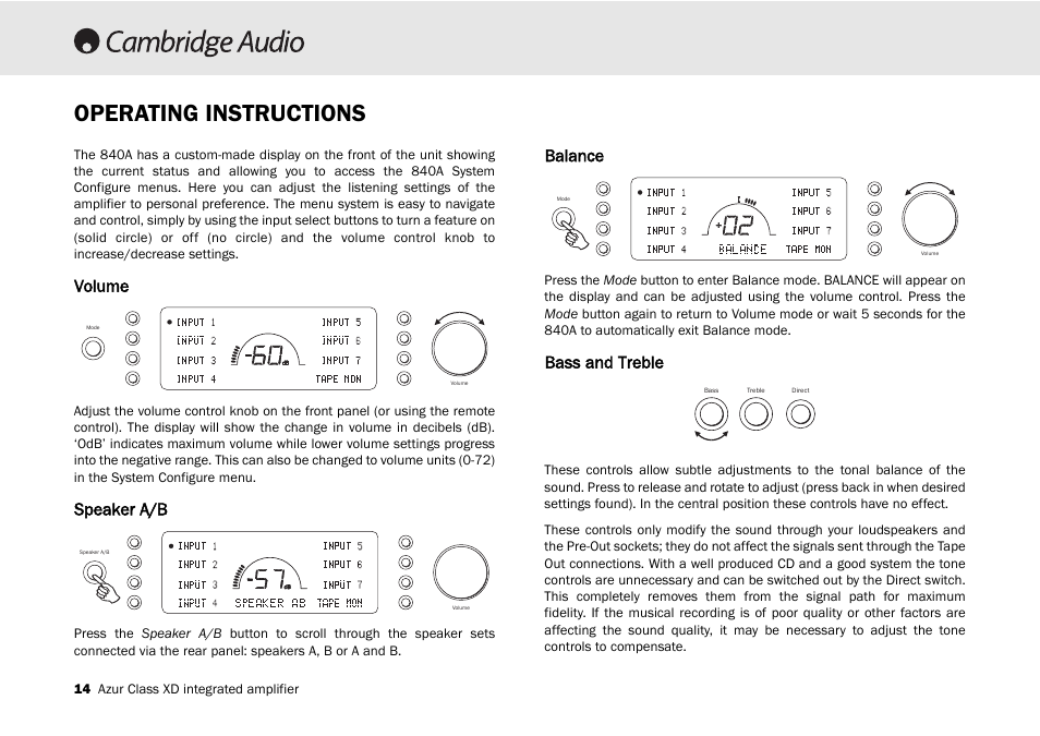Operating instructions, Balance, Bass and treble | Volume, Speaker a/b | Cambridge Audio 840A User Manual | Page 14 / 26