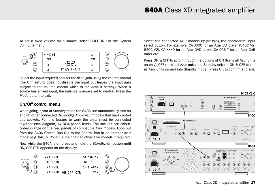 840a class xd integrated amplifier, On/off control menu, Azur class xd integrated amplifier 17 | Cambridge Audio 840A User Manual | Page 17 / 26
