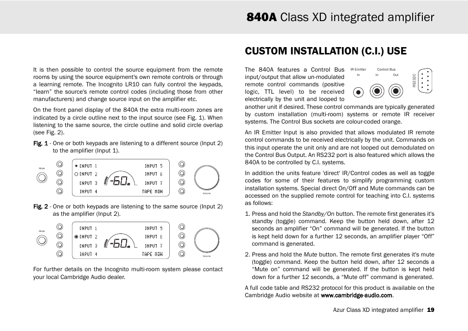 840a class xd integrated amplifier, Custom installation (c.i.) use | Cambridge Audio 840A User Manual | Page 19 / 26