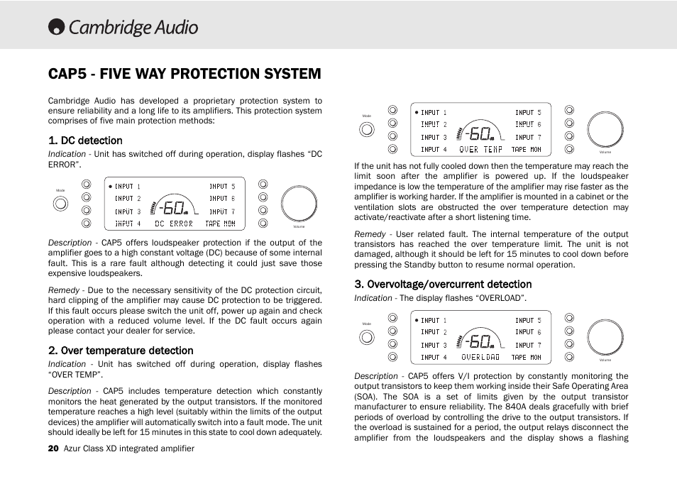 Cap5 - five way protection system, Overvoltage/overcurrent detection, Dc detection | Over temperature detection | Cambridge Audio 840A User Manual | Page 20 / 26