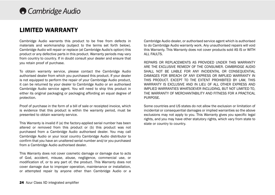 Limited warranty | Cambridge Audio 840A User Manual | Page 24 / 26