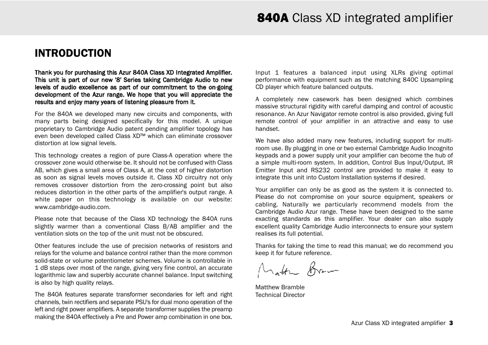 840a class xd integrated amplifier, Introduction | Cambridge Audio 840A User Manual | Page 3 / 26