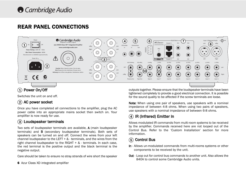 Rear panel connections, Power on/off, Ac power socket | Loudspeaker terminals, Ir (infrared) emitter in, Control bus, 6 azur class xd integrated amplifier, Switches the unit on and off | Cambridge Audio 840A User Manual | Page 6 / 26