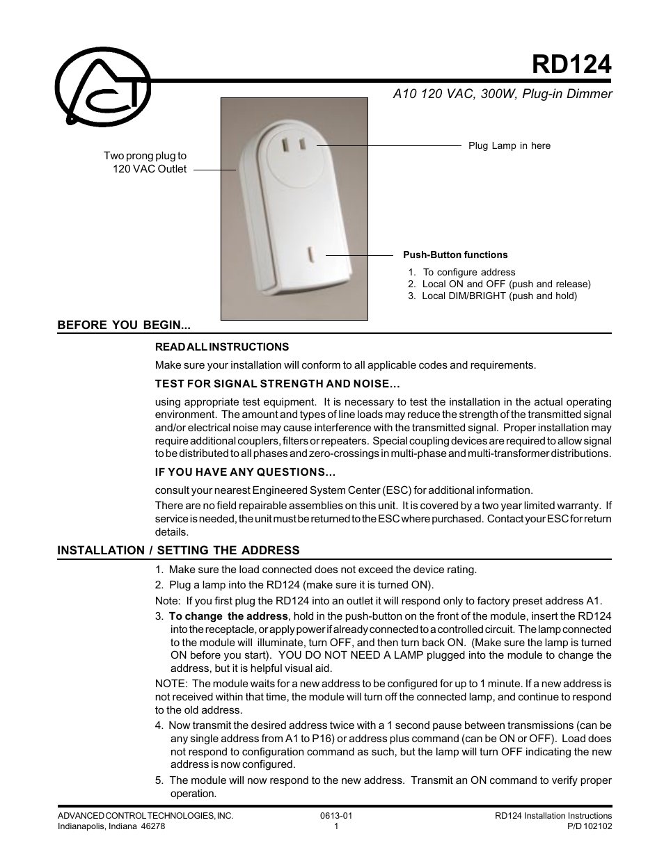 Advanced Control Technologies RD124 (A10 120VAC, 300W, PLUG-IN,DIMMER RECEIVER) User Manual | 4 pages