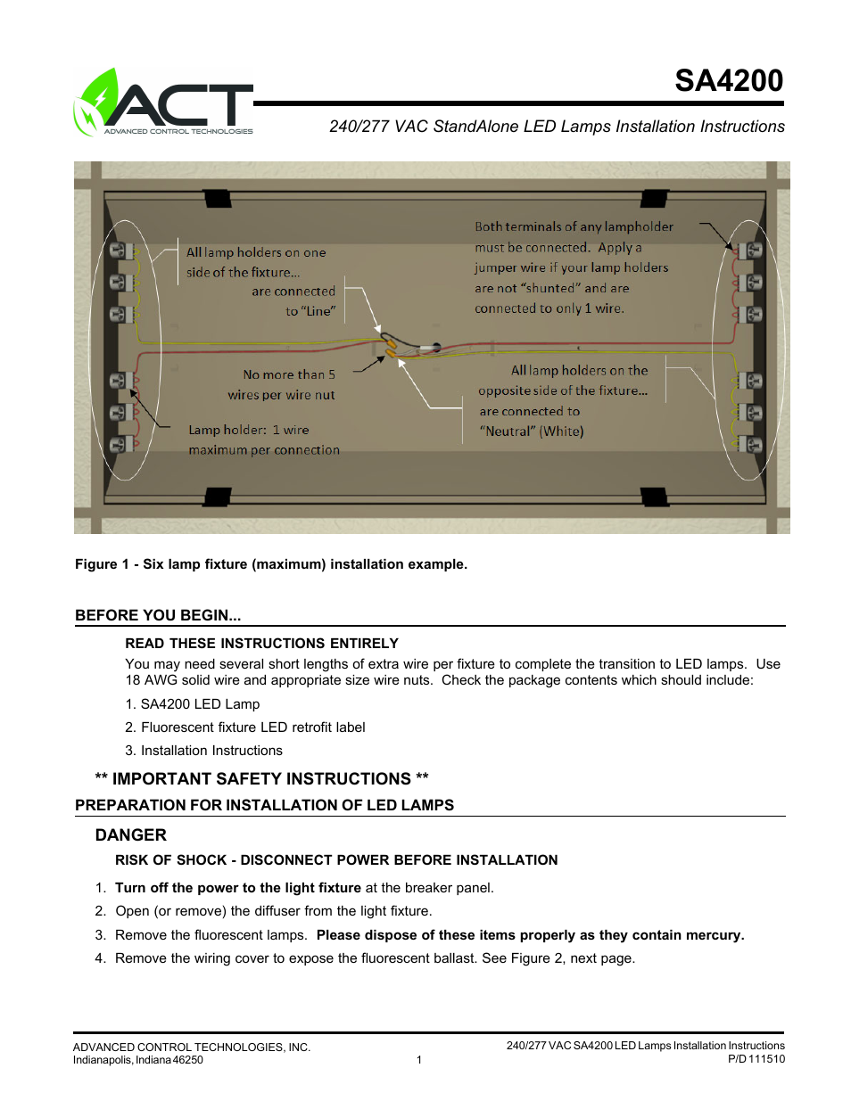 Advanced Control Technologies SA4200WW-3500K (LED Tube, Stand Alone, 4ft.,Warm White, 240/277VAC, 18W User Manual | 3 pages