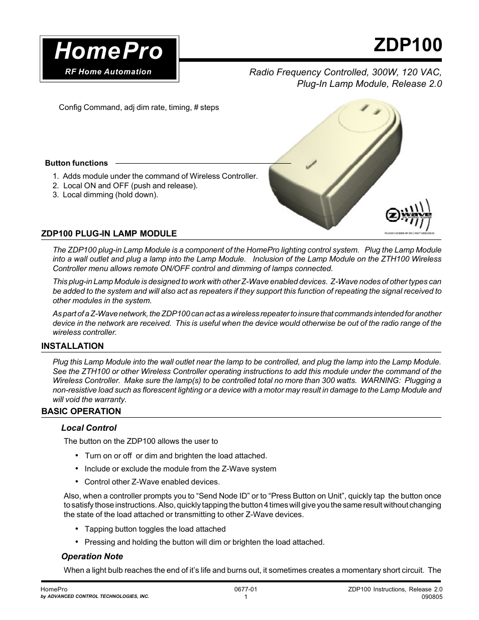 Advanced Control Technologies Specs Instructions ZDP100 (RF CONTROLLED, 300W, 120 VAC,PLUG-IN LAMP MODULE) User Manual | 7 pages