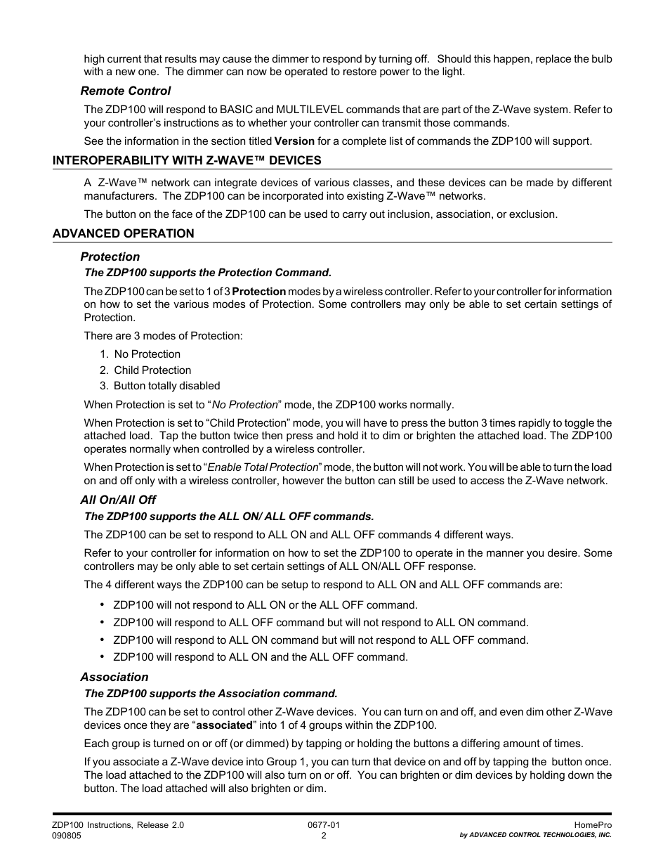 Advanced Control Technologies Specs Instructions ZDP100 (RF CONTROLLED, 300W, 120 VAC,PLUG-IN LAMP MODULE) User Manual | Page 2 / 7