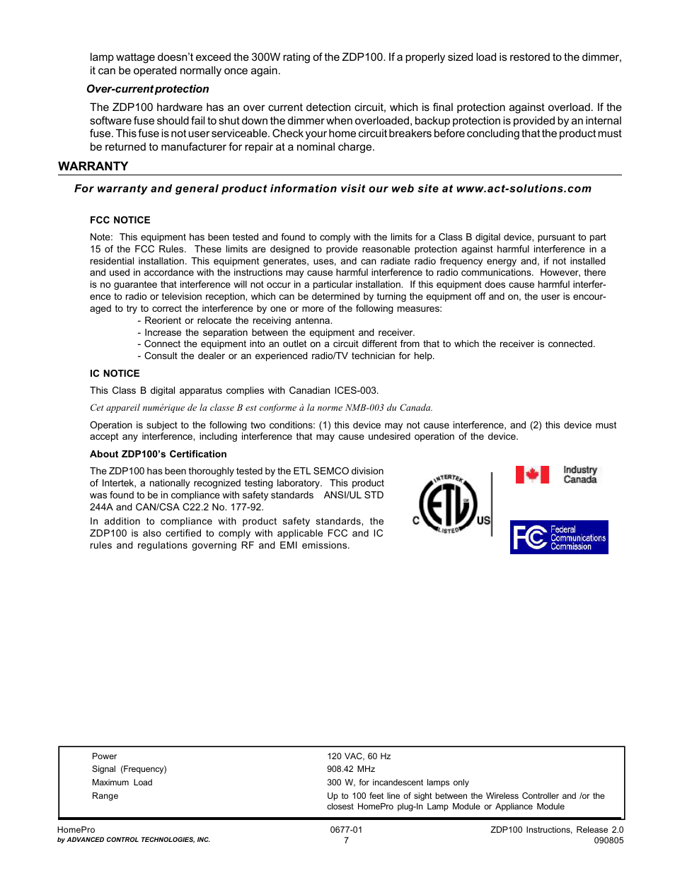 Warranty | Advanced Control Technologies Specs Instructions ZDP100 (RF CONTROLLED, 300W, 120 VAC,PLUG-IN LAMP MODULE) User Manual | Page 7 / 7