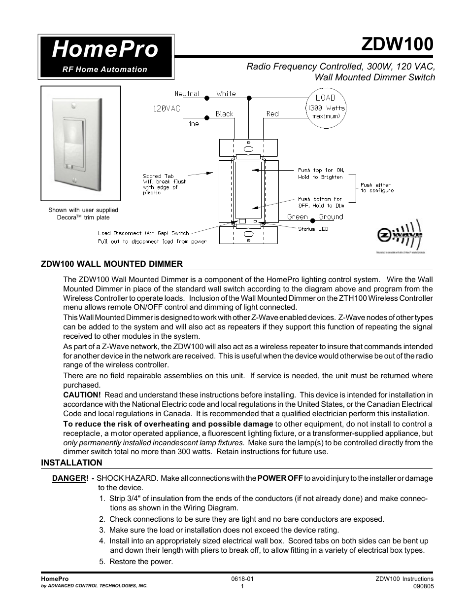 Advanced Control Technologies Specs Instructions ZDW100W (RF 120 VAC, 300W, IncandescentWall Dimmer, White) User Manual | 3 pages