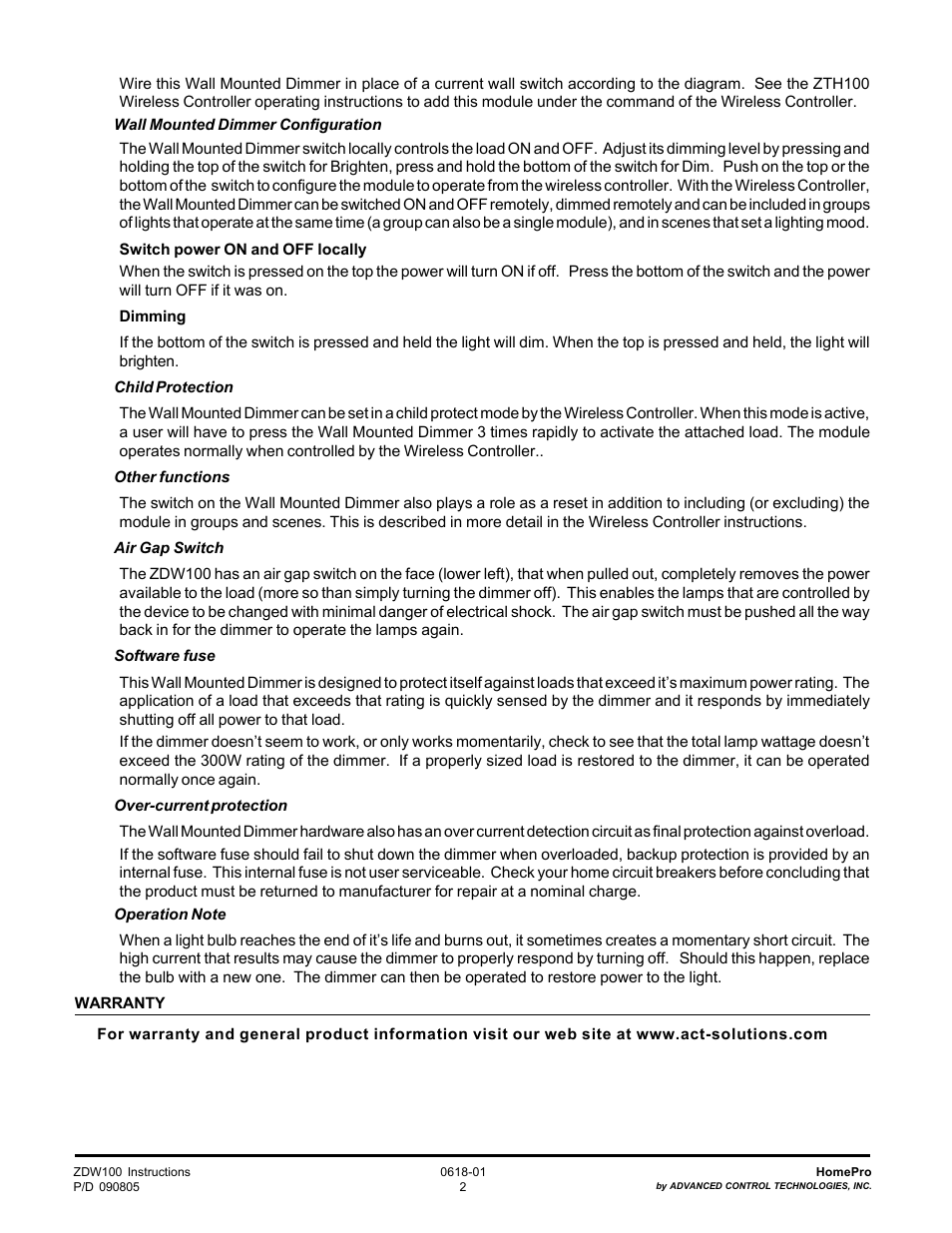 Advanced Control Technologies Specs Instructions ZDW100W (RF 120 VAC, 300W, IncandescentWall Dimmer, White) User Manual | Page 2 / 3