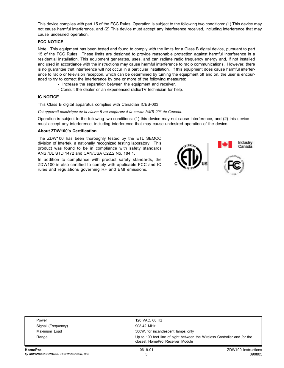 Advanced Control Technologies Specs Instructions ZDW100W (RF 120 VAC, 300W, IncandescentWall Dimmer, White) User Manual | Page 3 / 3