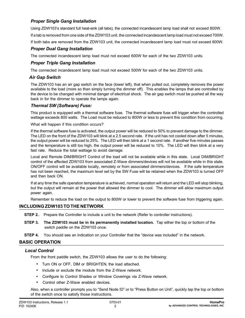 Advanced Control Technologies Specs Instructions ZDW103W (RF 120 VAC, 500W, Wall DimmerThree Way, White) User Manual | Page 2 / 7