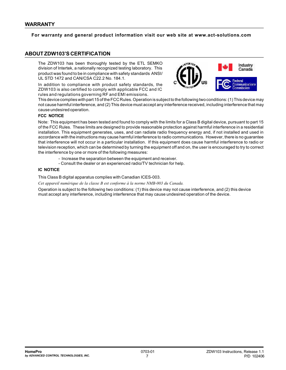 Warranty, About zdw103’s certification | Advanced Control Technologies Specs Instructions ZDW103W (RF 120 VAC, 500W, Wall DimmerThree Way, White) User Manual | Page 7 / 7