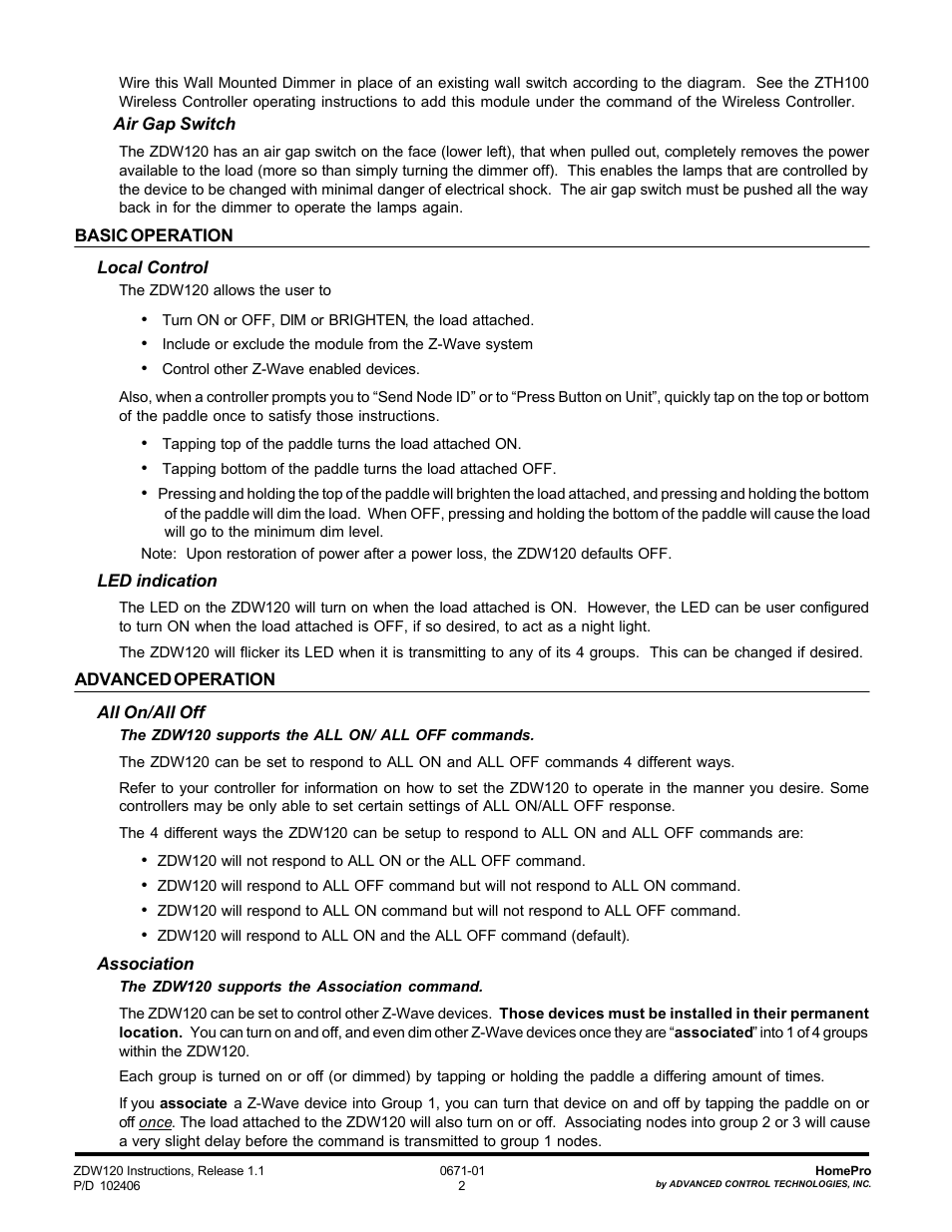 Advanced Control Technologies Specs Instructions ZDW120I (RF 120 VAC, 600W, IncandescentWall Dimmer,Two Wire, Ivory) User Manual | Page 2 / 6