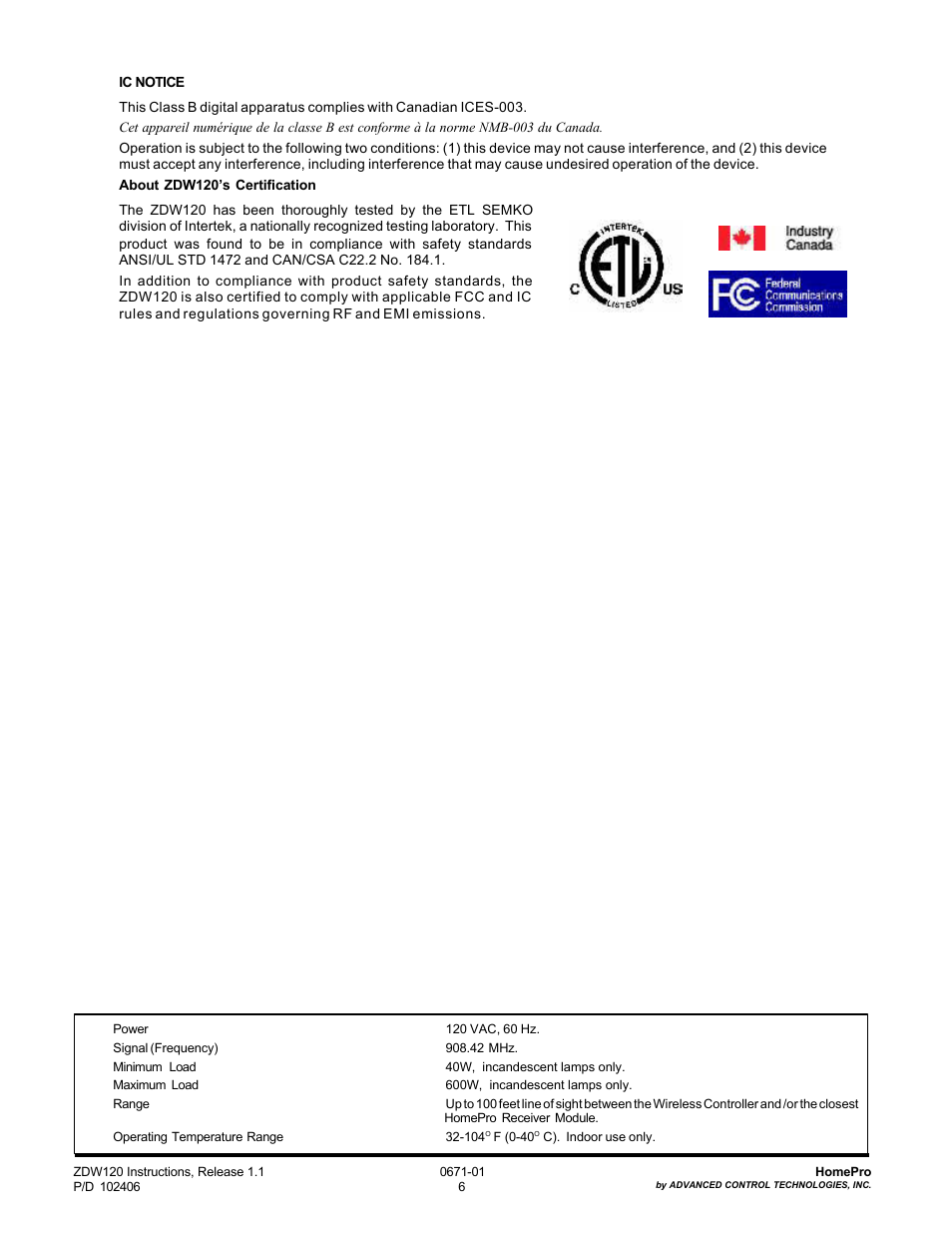 Advanced Control Technologies Specs Instructions ZDW120I (RF 120 VAC, 600W, IncandescentWall Dimmer,Two Wire, Ivory) User Manual | Page 6 / 6