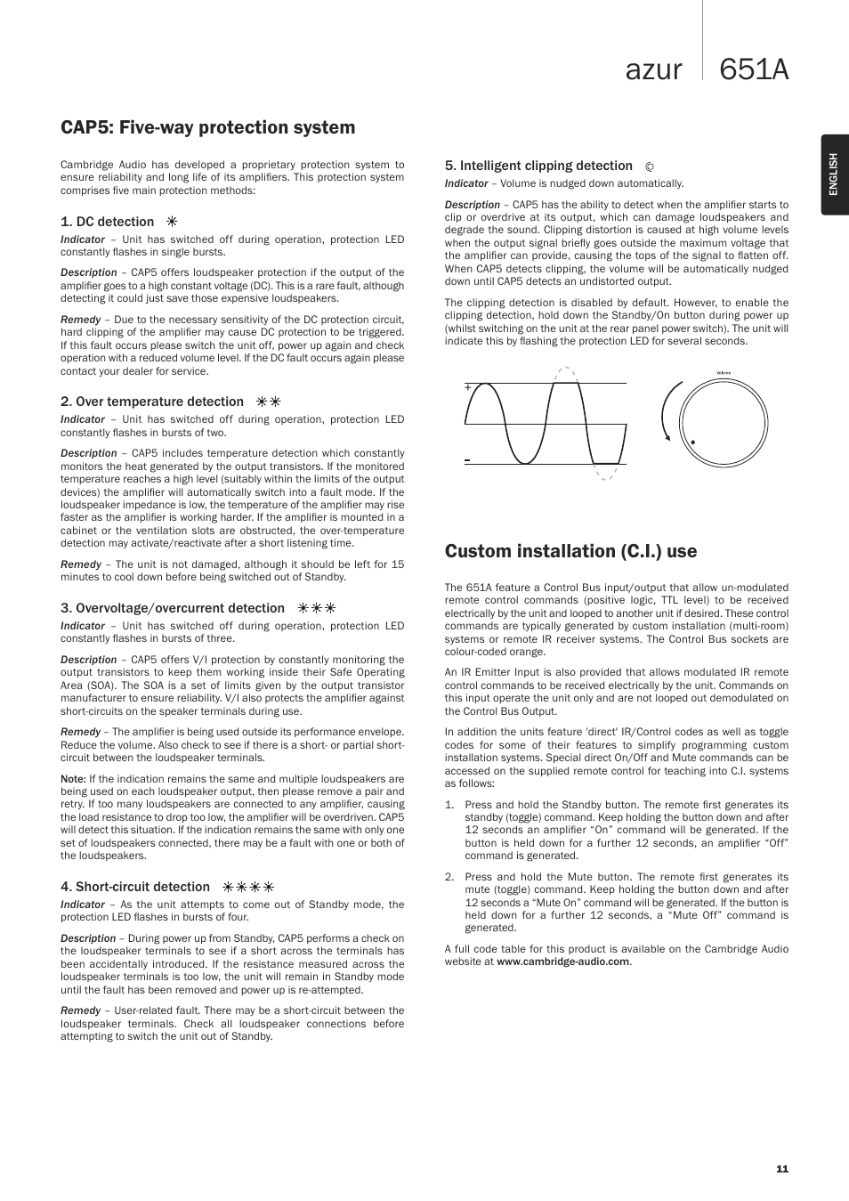 651a azur, Cap5: five-way protection system, Custom installation (c.i.) use | Cambridge Audio AZUR 651A User Manual | Page 11 / 14