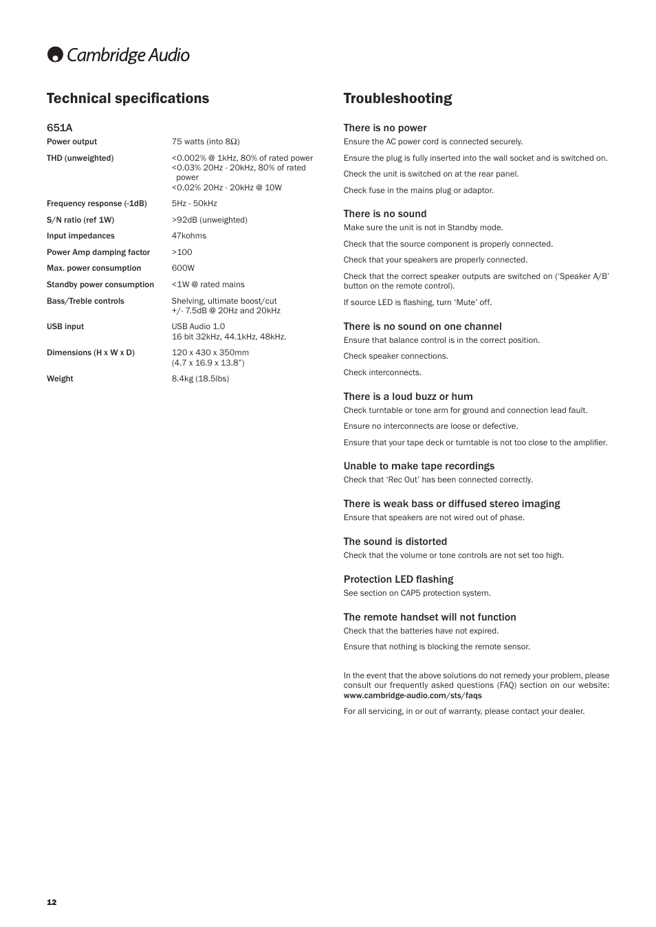 Troubleshooting technical speciﬁcations | Cambridge Audio AZUR 651A User Manual | Page 12 / 14