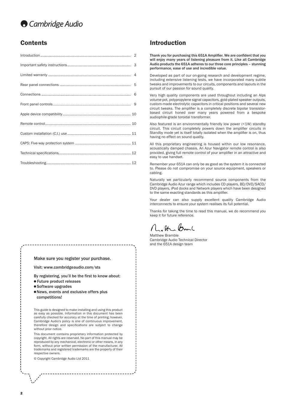 Contents introduction, Make sure you register your purchase | Cambridge Audio AZUR 651A User Manual | Page 2 / 14