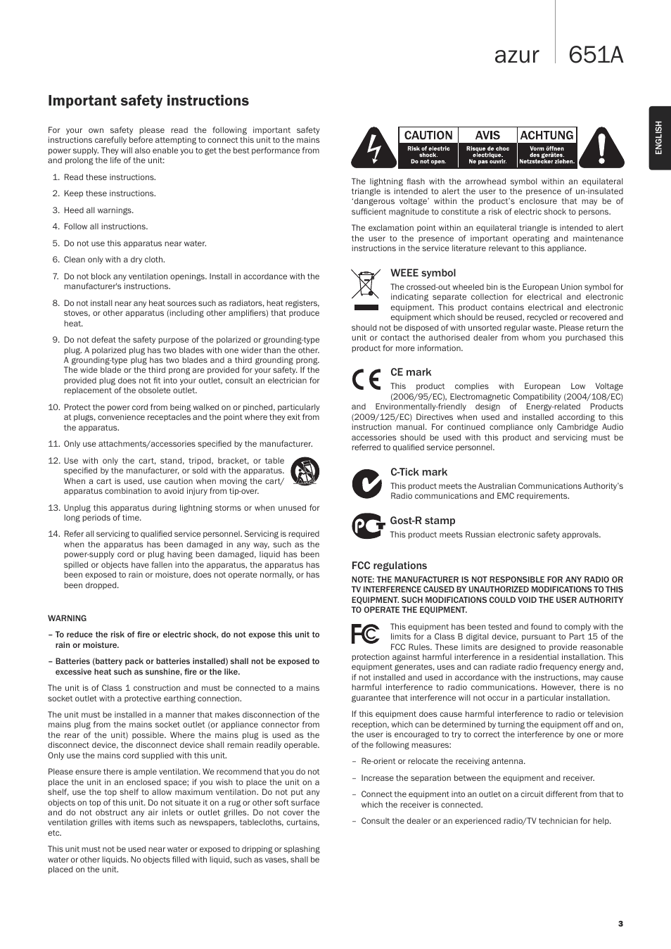 651a azur, Important safety instructions | Cambridge Audio AZUR 651A User Manual | Page 3 / 14