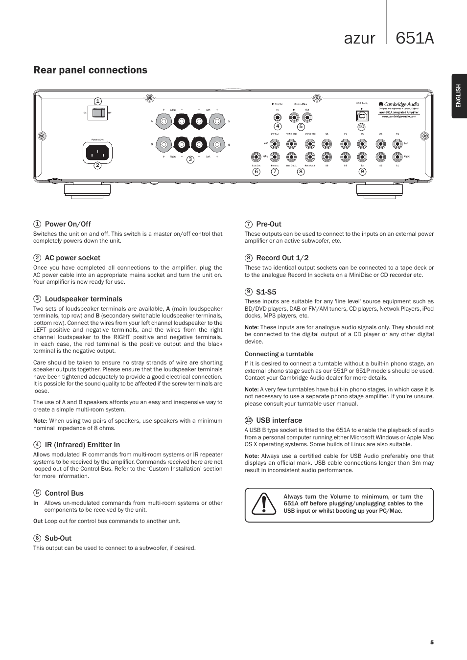 651a azur, Rear panel connections | Cambridge Audio AZUR 651A User Manual | Page 5 / 14