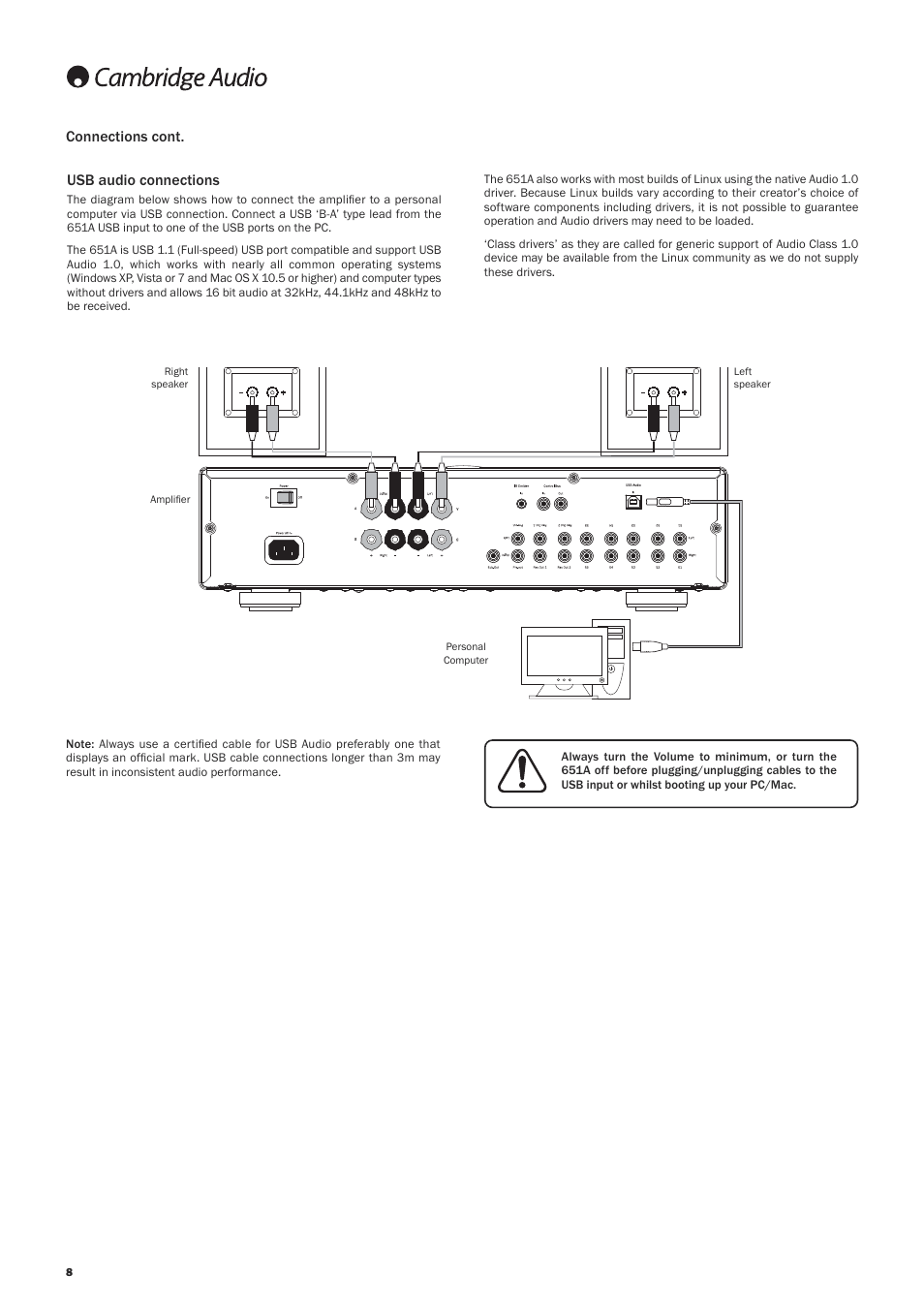 Connections cont. usb audio connections | Cambridge Audio AZUR 651A User Manual | Page 8 / 14