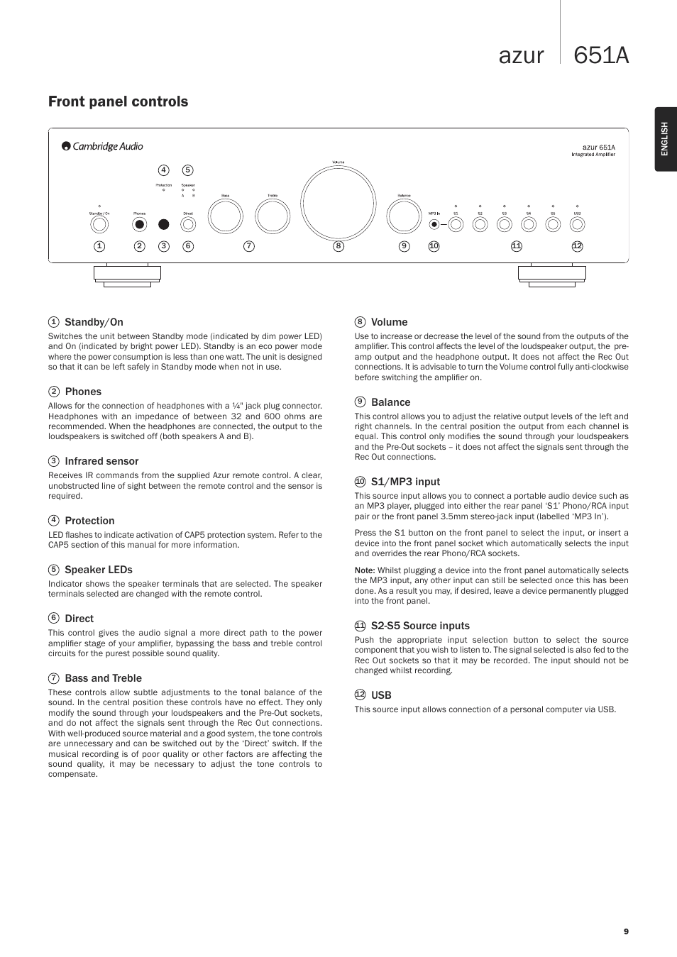 651a azur, Front panel controls | Cambridge Audio AZUR 651A User Manual | Page 9 / 14