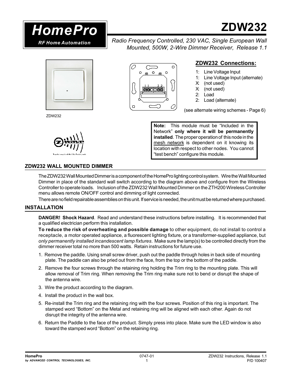 Advanced Control Technologies Specs Instructions ZDW232 (RF 230 VAC, 500W, IncandescentWall Dimmer,Two Wire, White) User Manual | 6 pages