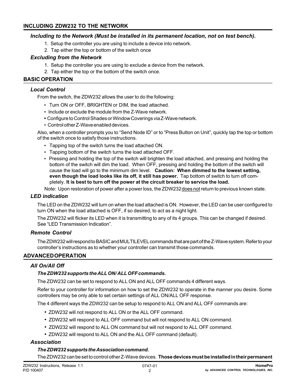 Advanced Control Technologies Specs Instructions ZDW232 (RF 230 VAC, 500W, IncandescentWall Dimmer,Two Wire, White) User Manual | Page 2 / 6
