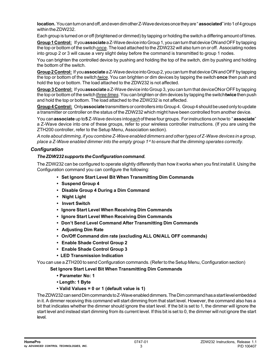 Configuration | Advanced Control Technologies Specs Instructions ZDW232 (RF 230 VAC, 500W, IncandescentWall Dimmer,Two Wire, White) User Manual | Page 3 / 6