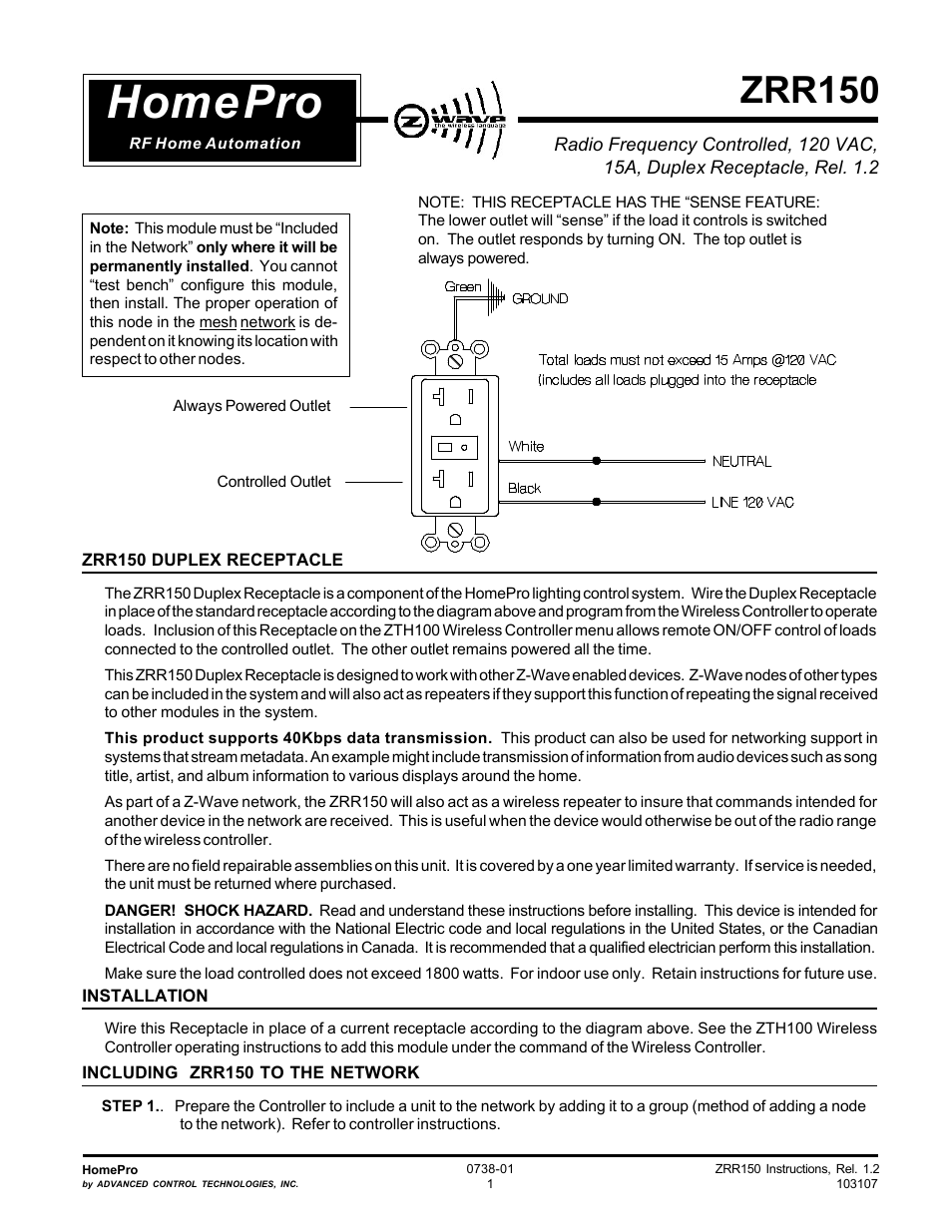 Advanced Control Technologies Specs Instructions ZRR150W (RF Receptacle, 120 VAC, 15A,One Outlet Controlled, White Enclosure) User Manual | 3 pages