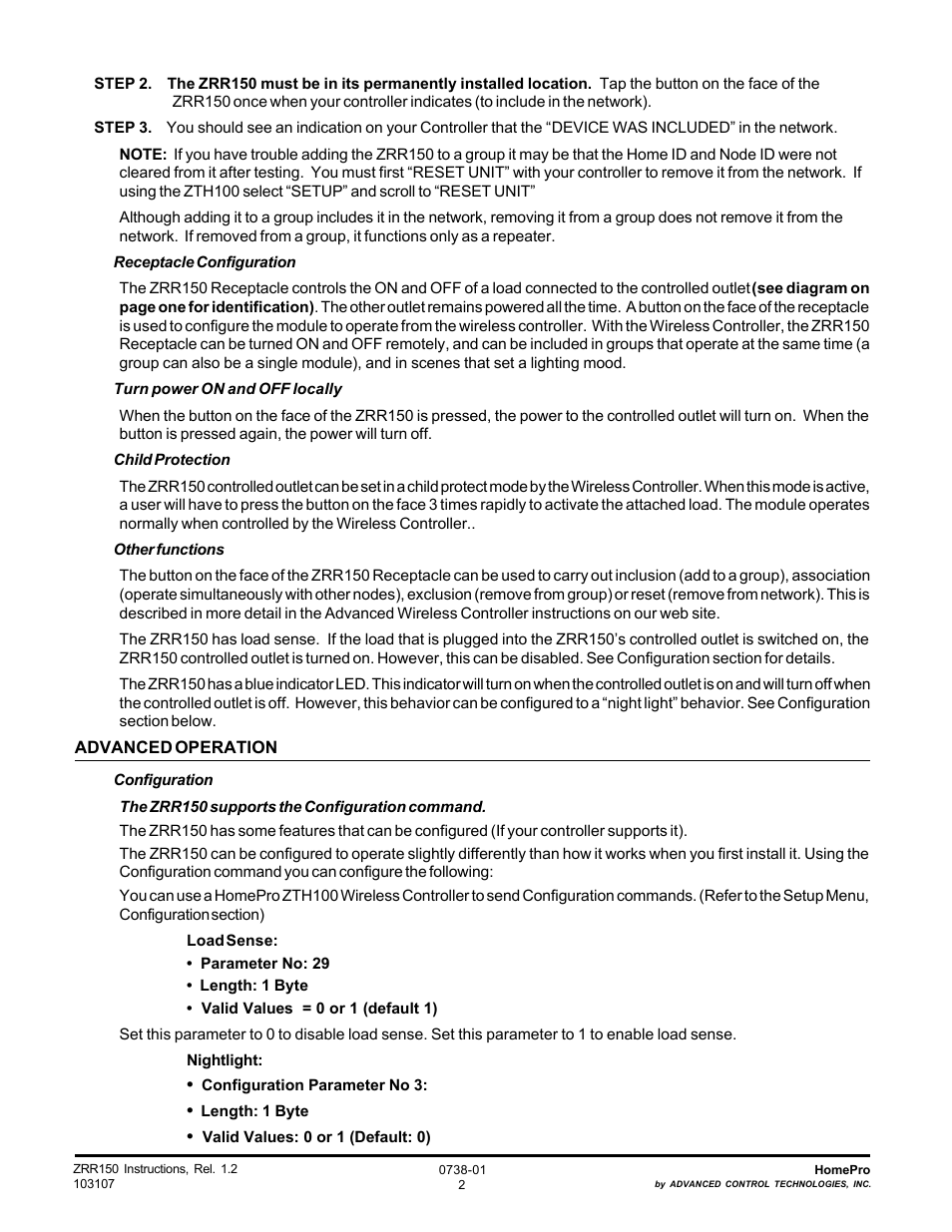 Advanced Control Technologies Specs Instructions ZRR150W (RF Receptacle, 120 VAC, 15A,One Outlet Controlled, White Enclosure) User Manual | Page 2 / 3