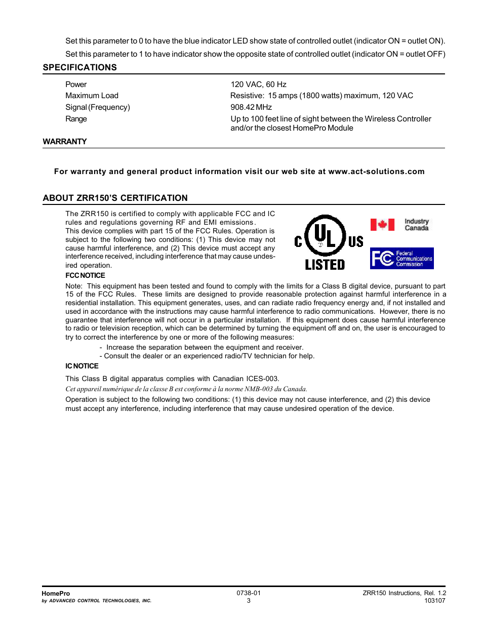 Advanced Control Technologies Specs Instructions ZRR150W (RF Receptacle, 120 VAC, 15A,One Outlet Controlled, White Enclosure) User Manual | Page 3 / 3