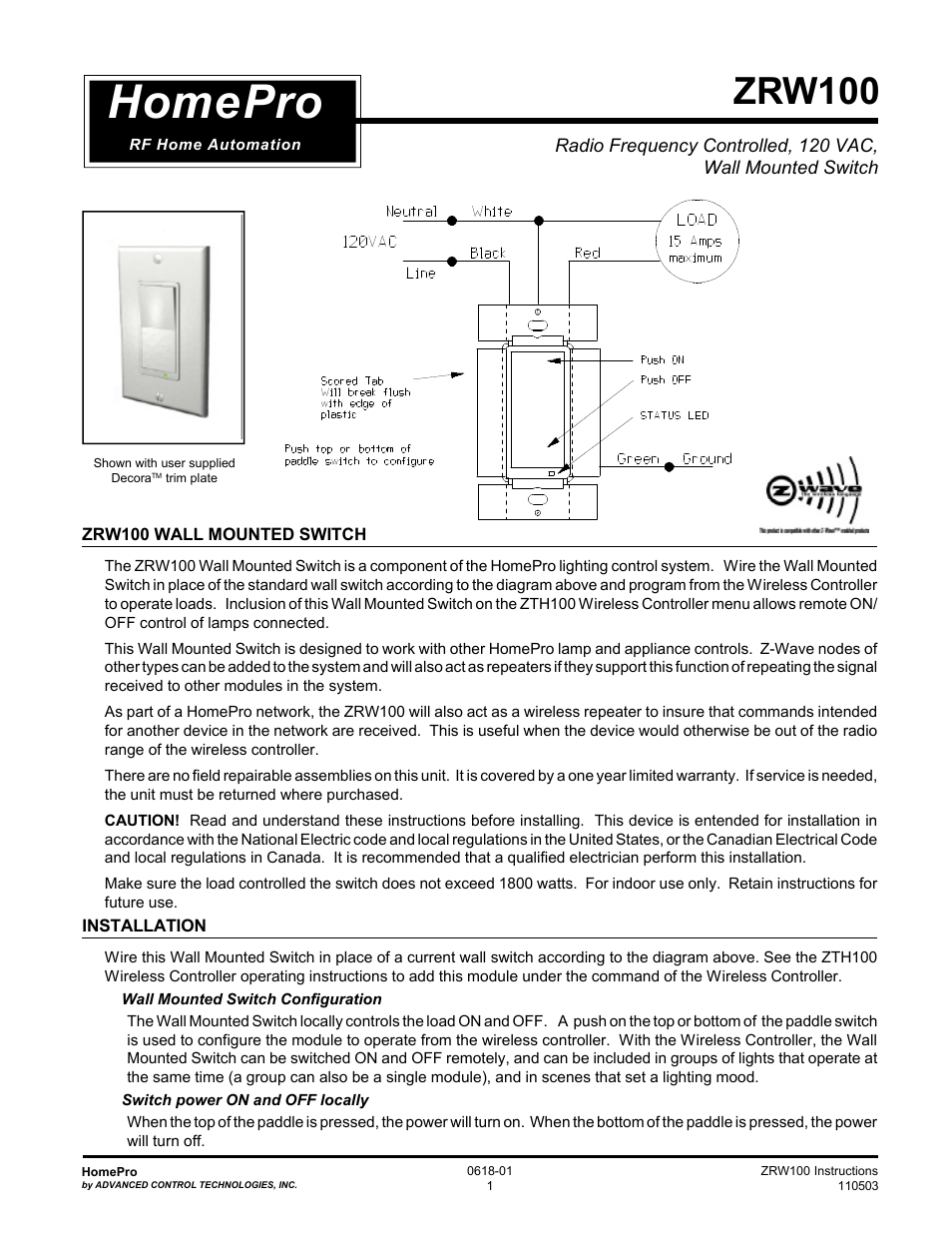 Advanced Control Technologies Specs Instructions ZRW100I (RF 120 VAC, 15A, Feed ThroughWall Switch, Ivory) User Manual | 2 pages