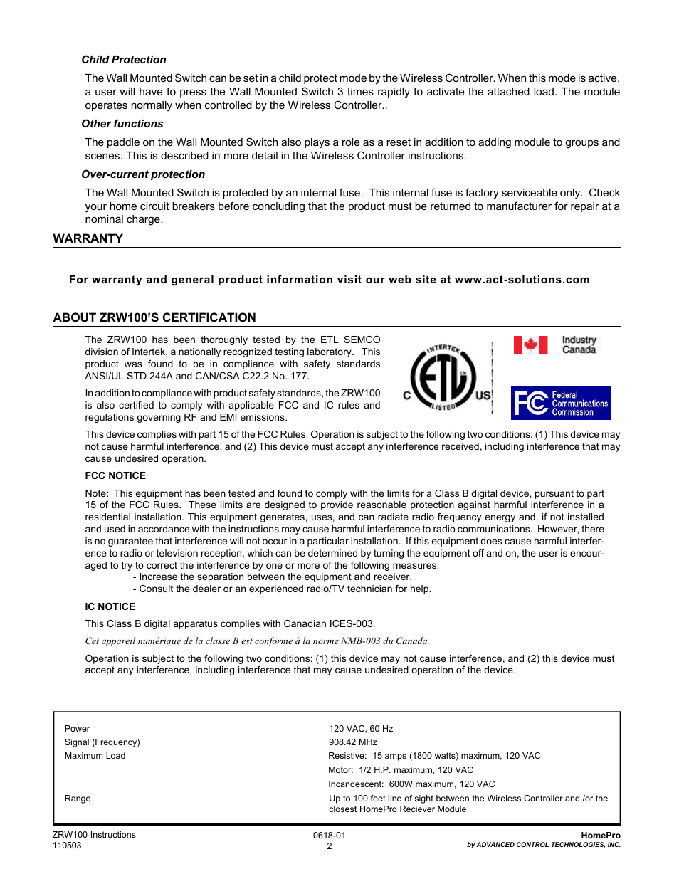 Warranty, About zrw100’s certification | Advanced Control Technologies Specs Instructions ZRW100I (RF 120 VAC, 15A, Feed ThroughWall Switch, Ivory) User Manual | Page 2 / 2