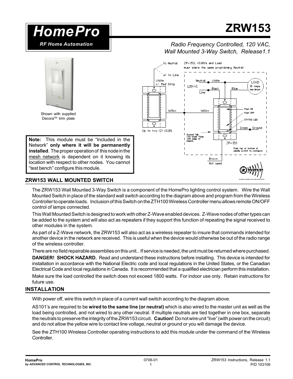 Advanced Control Technologies Specs Instructions ZRW153I (RF 120 VAC, 15A, Feed ThroughWall Switch, Three Way, Ivory) User Manual | 5 pages